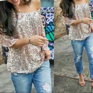Brand new, rose gold, sequin, off shoulder blouse